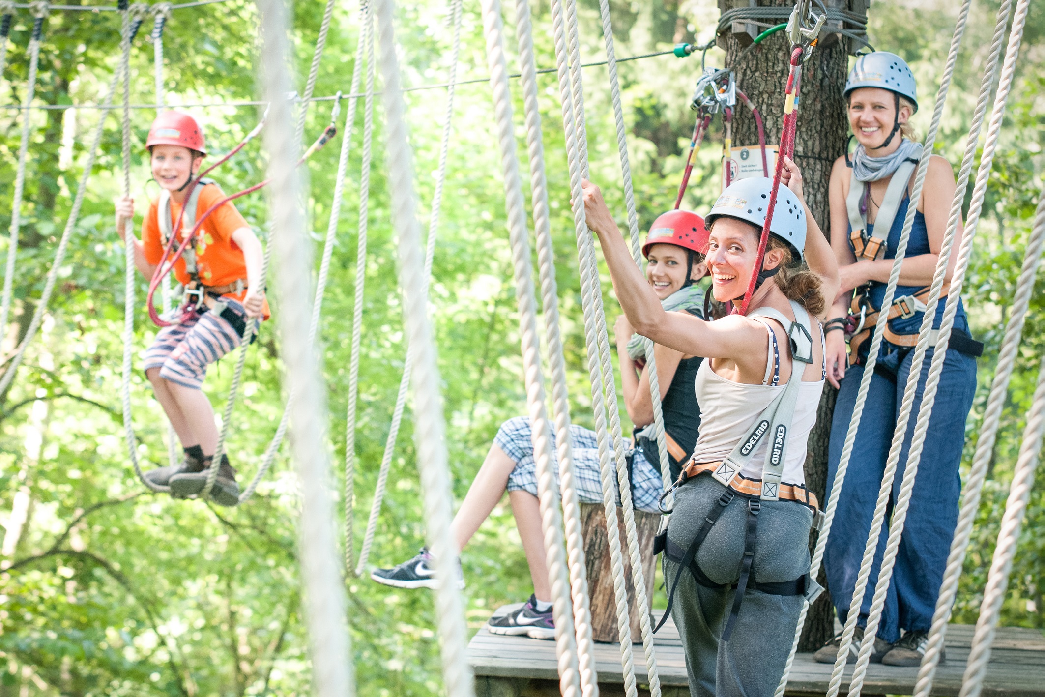 Erwachsene und Kinder beim Klettern im Abenteuer-Kletterwald Zittauer Gebirge